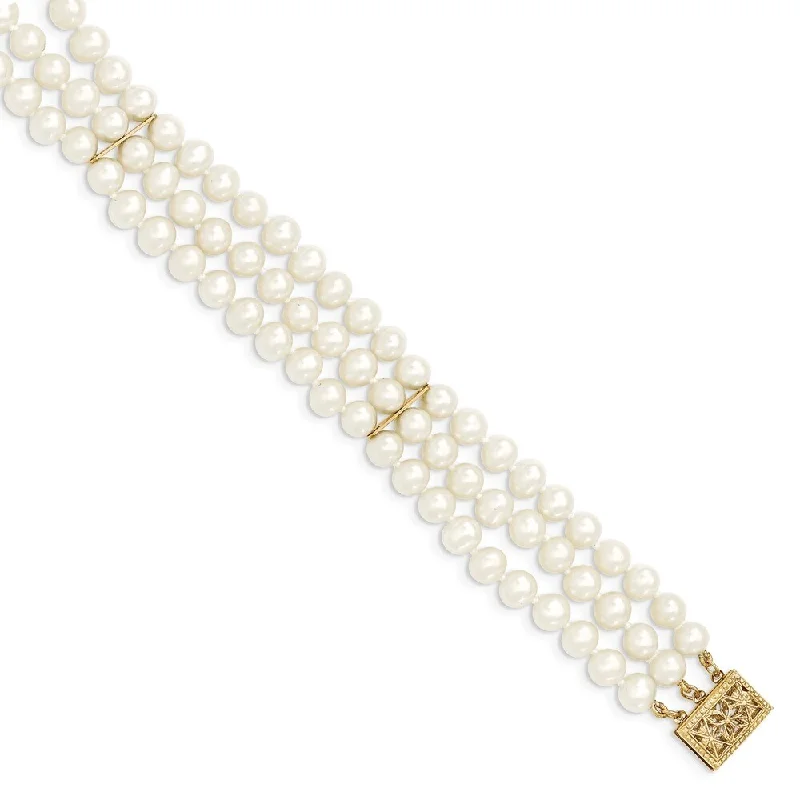 Dotted finish bracelet-14k Yellow Gold 5-6mm White Near Round Freshwater Cultured Pearl 3-strand Bracelet, 7.5"