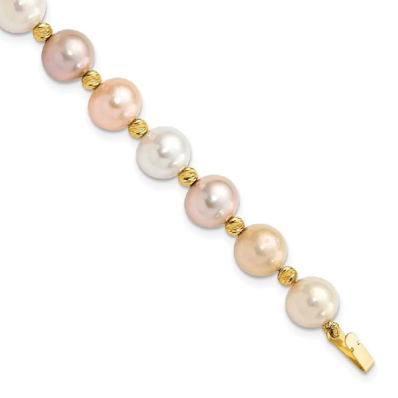 Curved metal bracelet-14k Yellow Gold 8-9mm Semi-round Pink Purple White FWC Pearl Diamond-Cut Beaded Bracelet, 7.5"