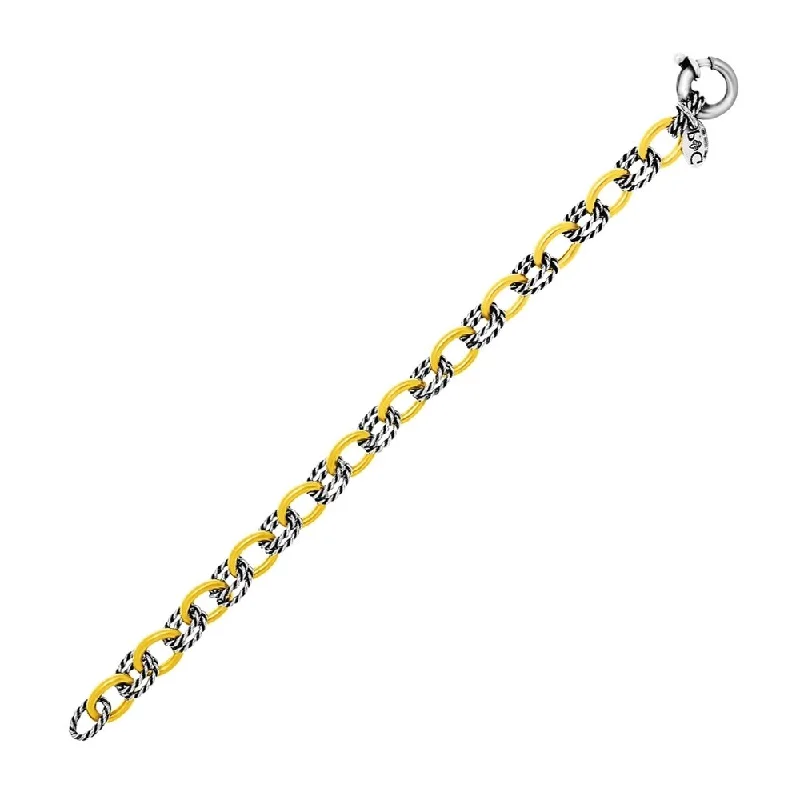 Coir braid bracelet-18k Yellow Gold & Sterling Silver Bracelet with Spiral Two Tone Alternate Links