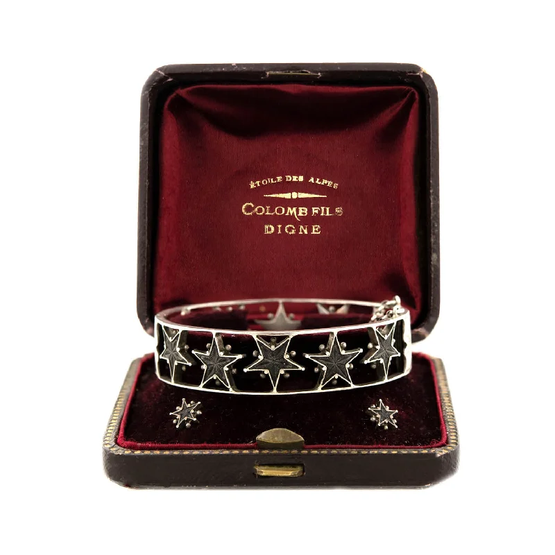 Arced rim bracelet-ANTOINE COLOMB Victorian French Sterling Silver Fossil Bangle & Earring Set w/Original Box