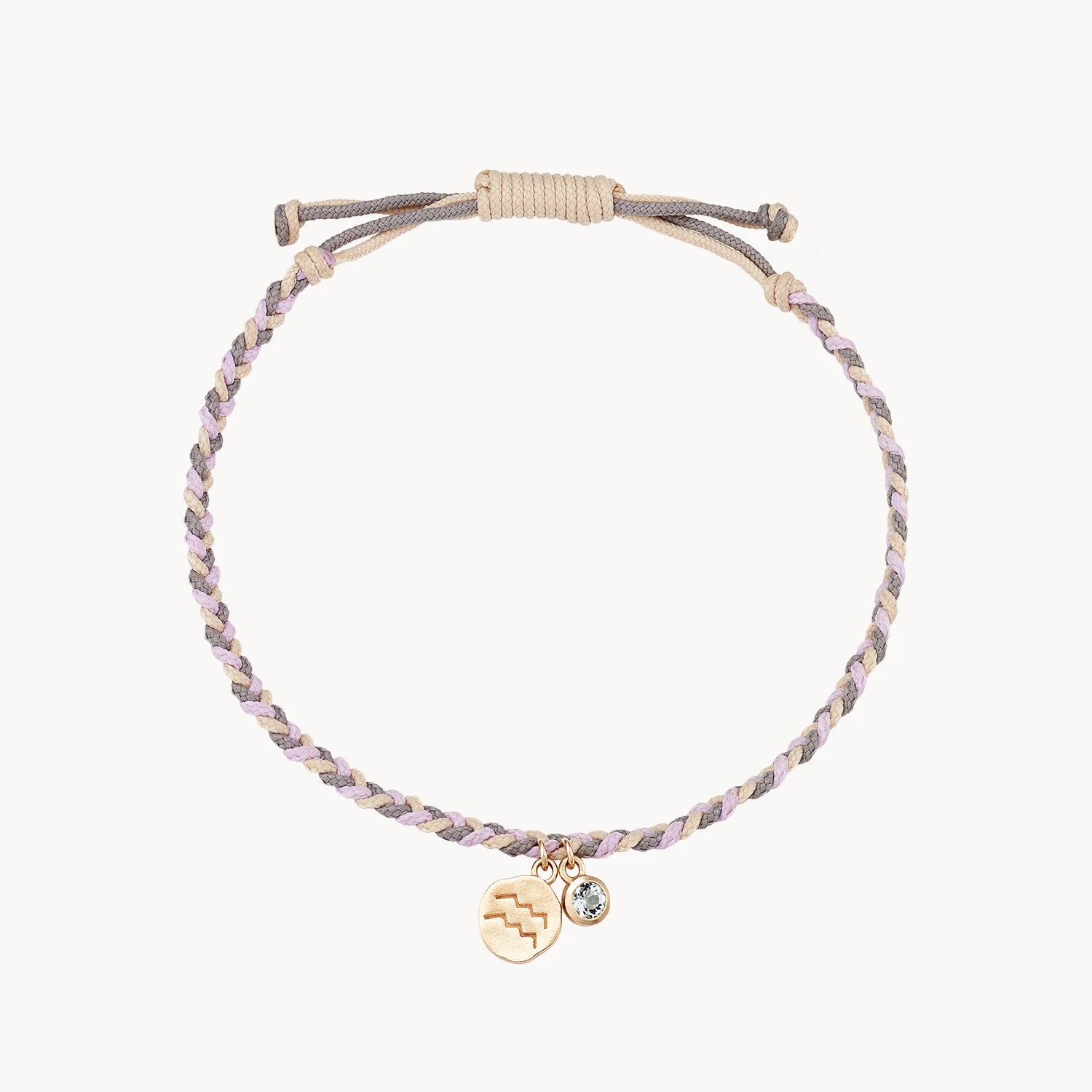 Toned hue bracelet-aquarius zodiac air element cord bracelet - 10k yellow gold, aquamarine, cord