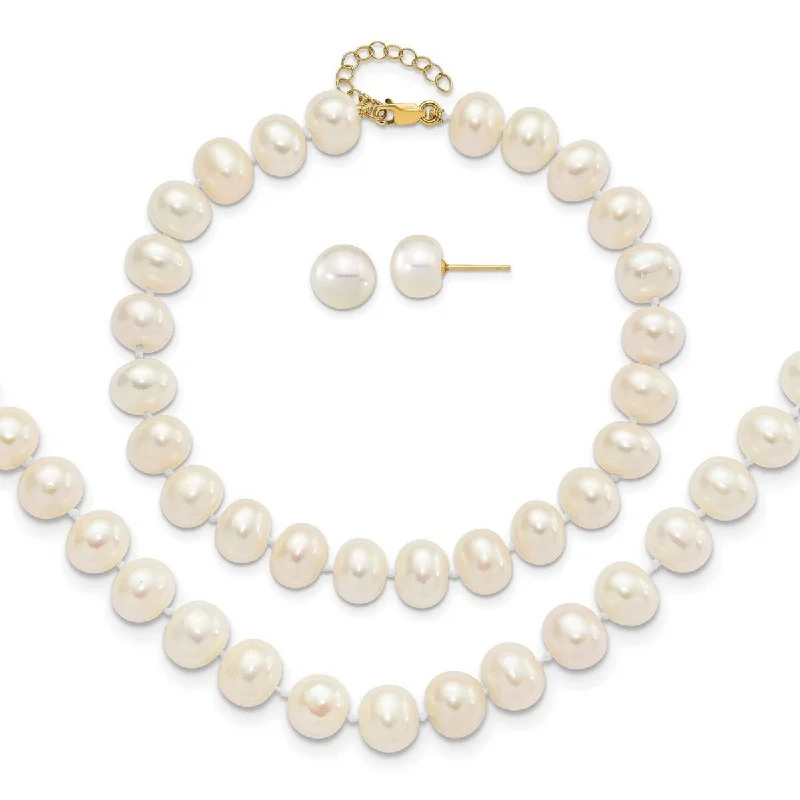 Stellar shine necklace-Curata 14k Yellow Gold 8-9mm Cultured Pearl Earrings, 7.25"Bracelet and 18"Necklace Set