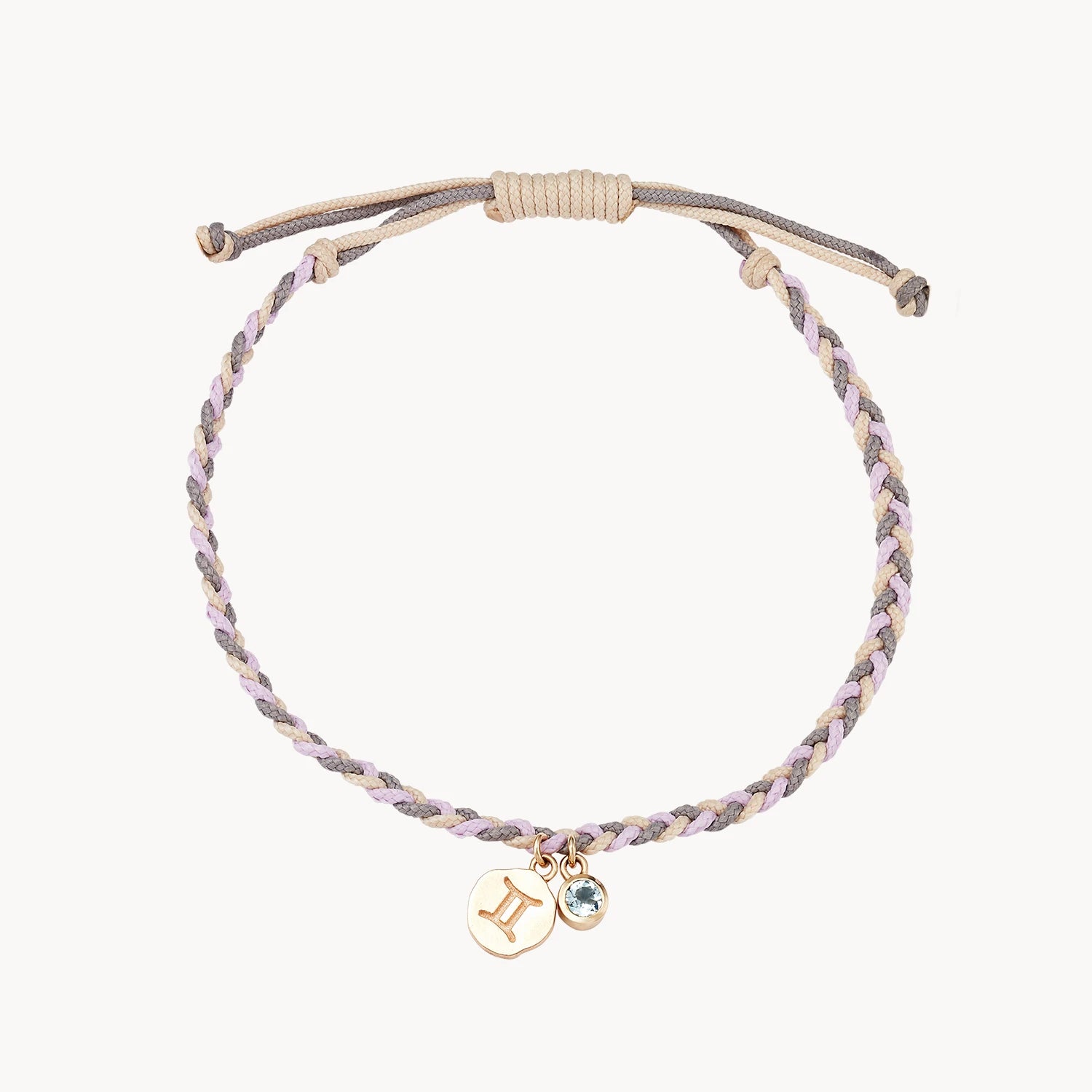 Fine swirl bracelet-gemini zodiac air element cord bracelet - 10k yellow gold, aquamarine, cord