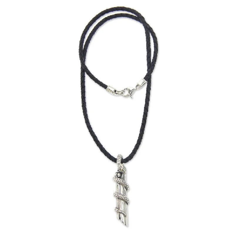 Floral weave necklace-Handmade Men's Leather 'Bamboo Python' Sterling Silver Necklace (Indonesia)