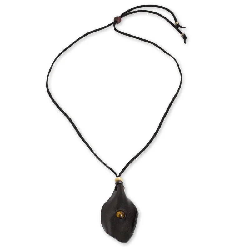 Stone relic necklace-Handmade Men's Leather 'Thai Cowboy in Black' Tiger's Eye Necklace (Thailand)