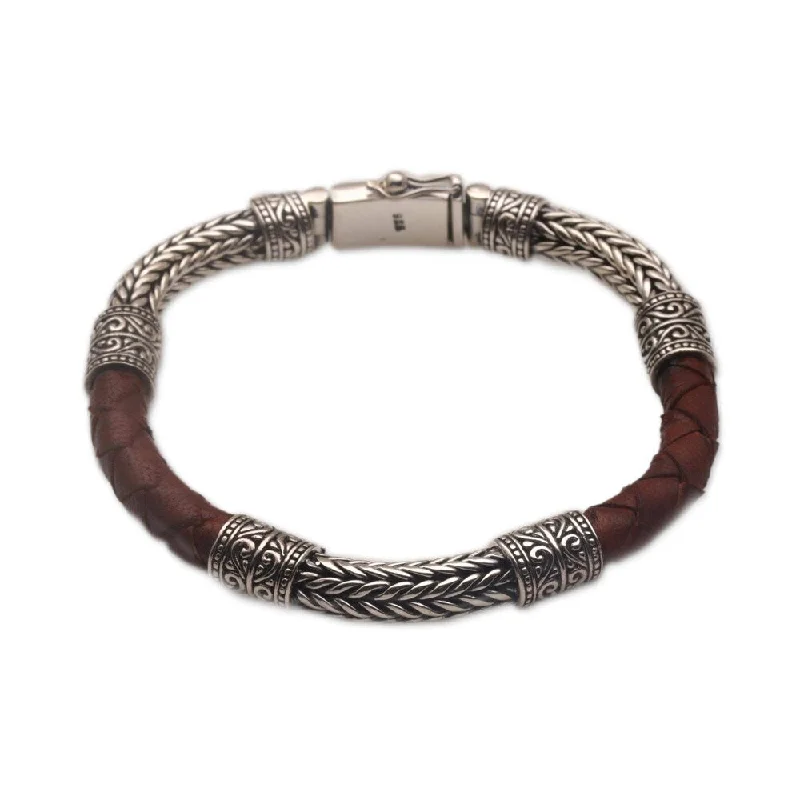 Crystal vein bracelet-Handmade Men's Sterling Silver Leather shades of copper and black 'Royal Weave in Brown' Bracelet (Indonesia)