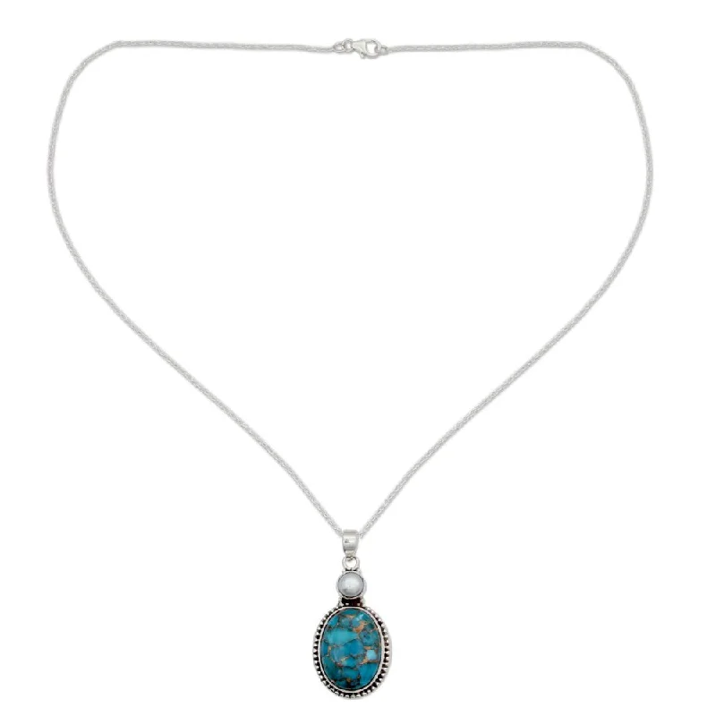 Cotton braid necklace-Handmade Sterling Silver 'Blue Visions' Pearl Turquoise Necklace (6 mm) (India)