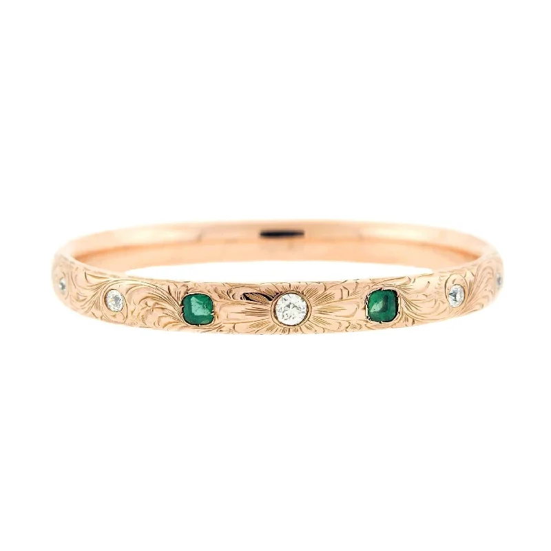 Grooved rim bracelet-Late Victorian 14k Diamond and Emerald Etched Bangle