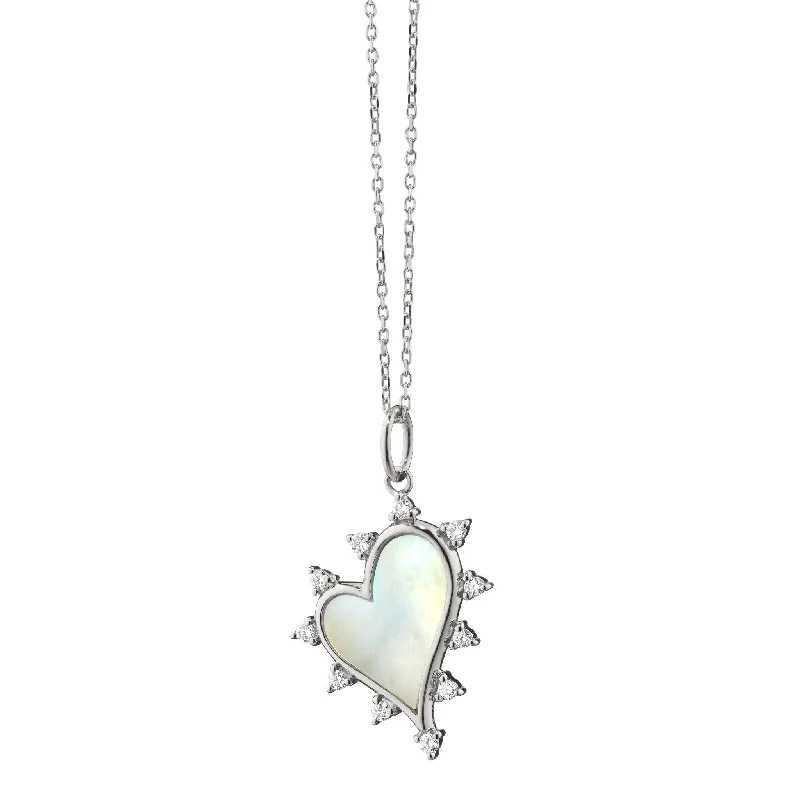 Cloudy quartz necklace-Mother of Pearl Heart Necklace with White Sapphires