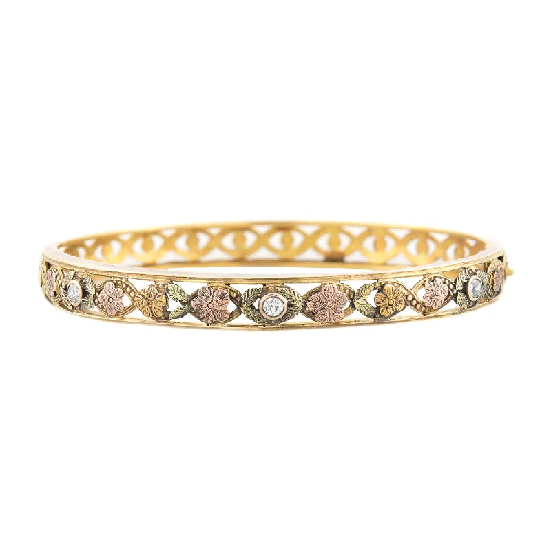 Jade point bracelet-Edwardian 12k Yellow, Rose, and Green Gold Floral Diamond Bangle