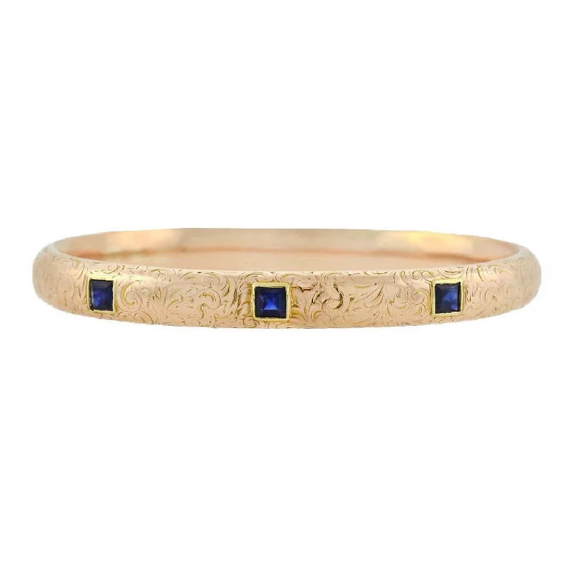 Cobalt sodalite bracelet-RIKER BROTHERS Art Nouveau 14kt Sapphire Etched Floral Bangle Bracelet 1.00ctw