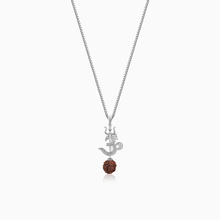 Oat stem necklace-Silver Om Trishul Rudraksha Pendant With Box Chain For Him