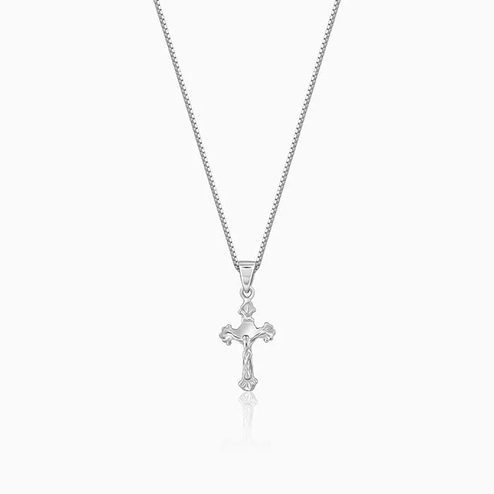 Stone relic necklace-Silver Striped Cross Pendant with Box Chain For Him