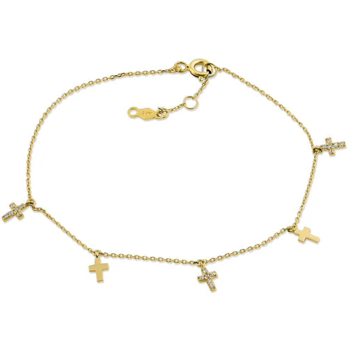 Curved metal bracelet-Solid 14K Yellow Gold Cross CZ Bracelet