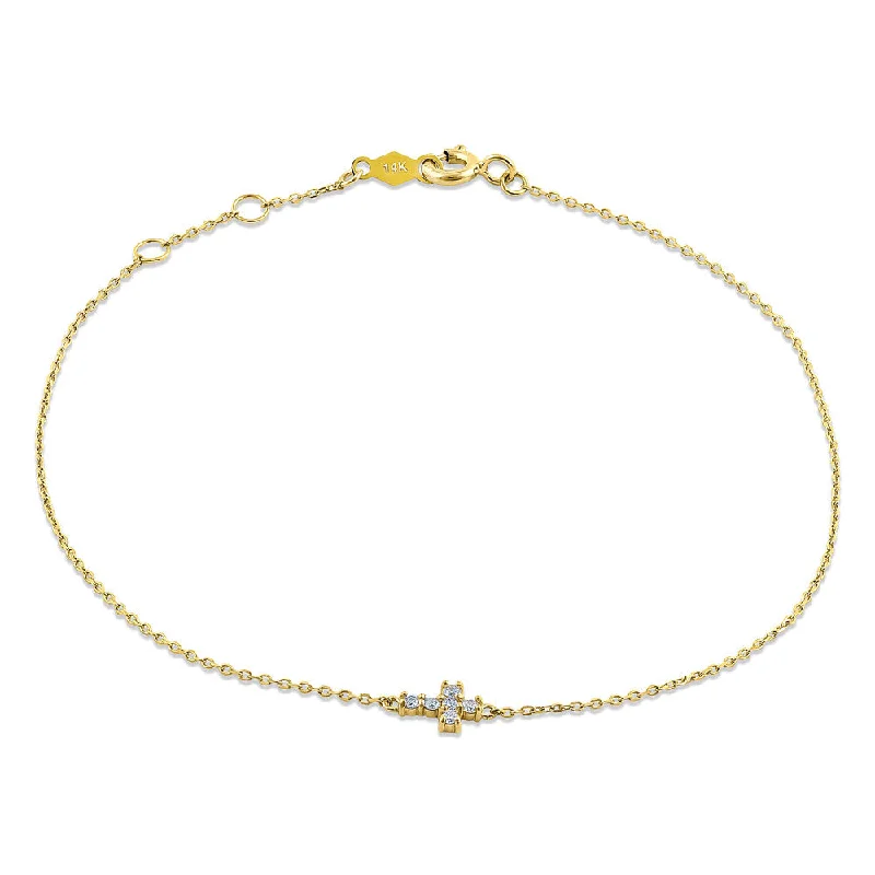 Skewed gem bracelet-Solid 14K Yellow Gold Cross Diamond Bracelet