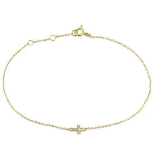 Pearl seed bracelet-Solid 14K Yellow Gold CZ Cross Bracelet