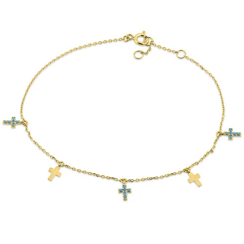 Embossed design bracelet-Solid 14K Yellow Gold Turquoise Cross Bracelet