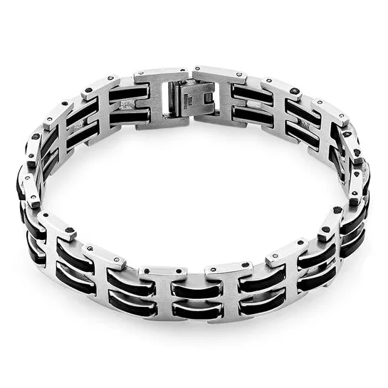 Toned hue bracelet-Stainless Steel Black Rubber Link Bracelet