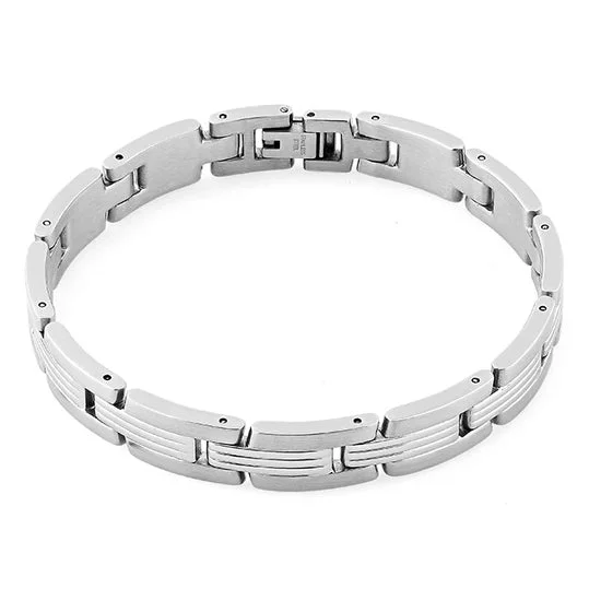 Plaid check bracelet-Stainless Steel Double Groove Bar Bracelet