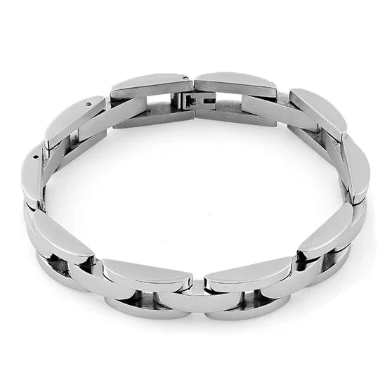 Frilled rim bracelet-Stainless Steel Half Oval Link Bracelet