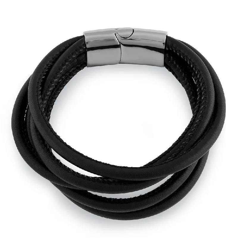 Slit vent bracelet-Stainless Steel Layered Black Leather Bracelet