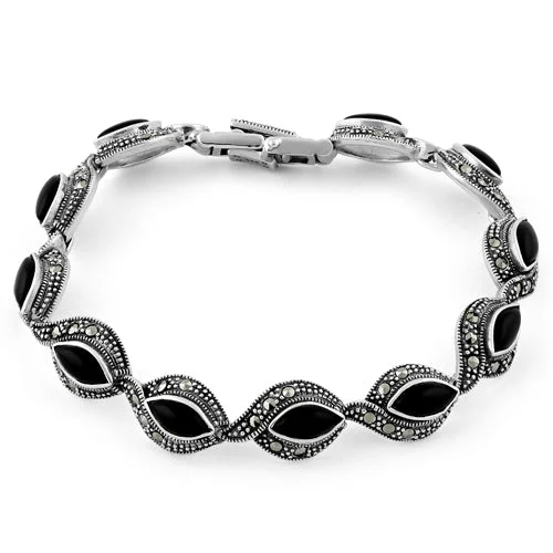 Ribbed edge bracelet-Sterling Silver Eye Marquise Black Onyx Marcasite Bracelet