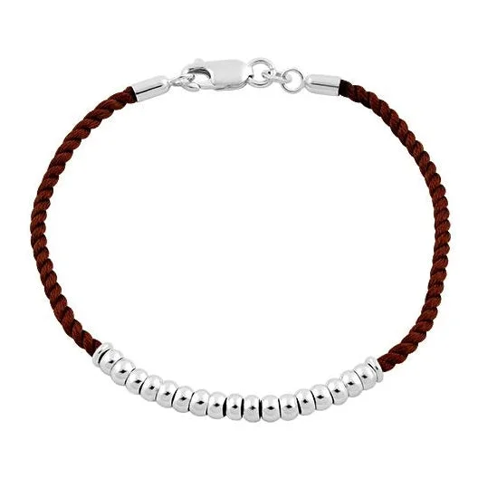 Folk craft bracelet-Sterling Silver Half Beads Brown Silk Rope Bracelet