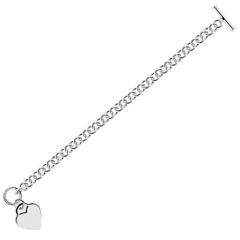 Chipped band bracelet-Sterling Silver Rhodium Plated Rolo Chain Bracelet with a Heart Charm