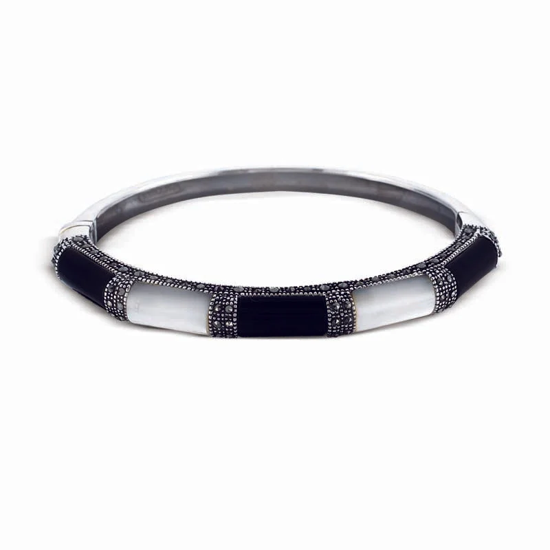 Regency curve bracelet-STERLING SILVER BANGLE WITH MARCASITE,ONYX AND CABOCHON