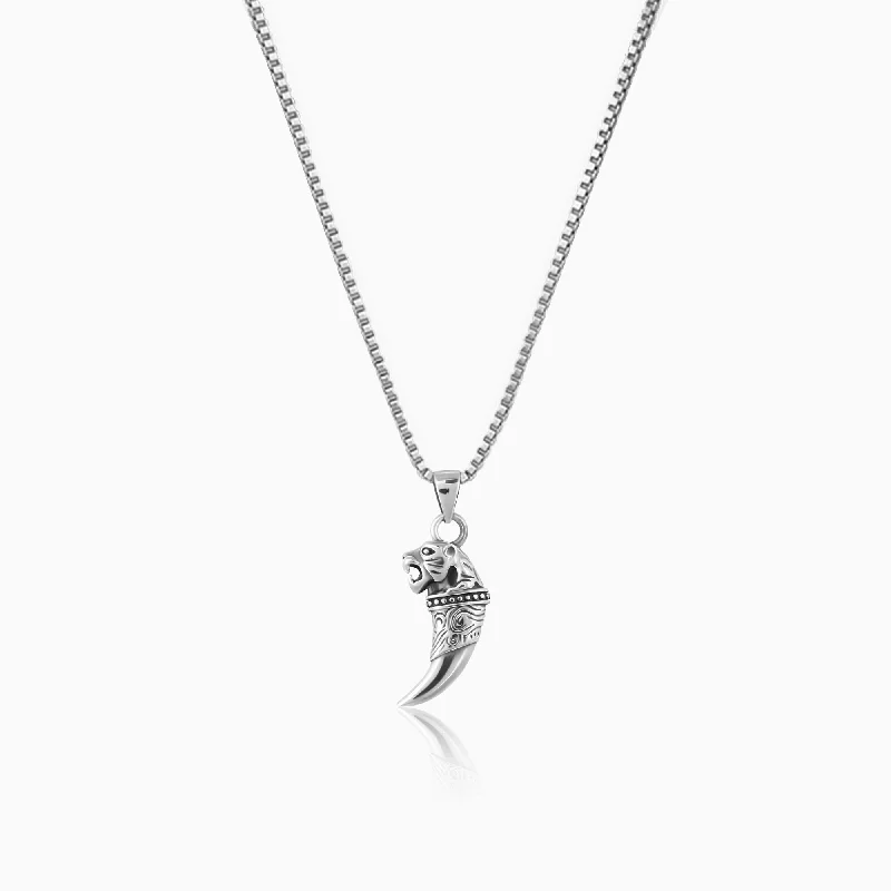 Lunar pendant necklace-Silver Tiger Tooth Pendant with Link Chain For Him