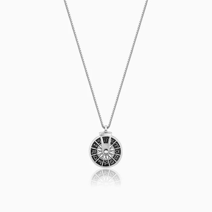 Floral weave necklace-Oxidised Silver Zodiac Spin Pendant With Box Chain For Him