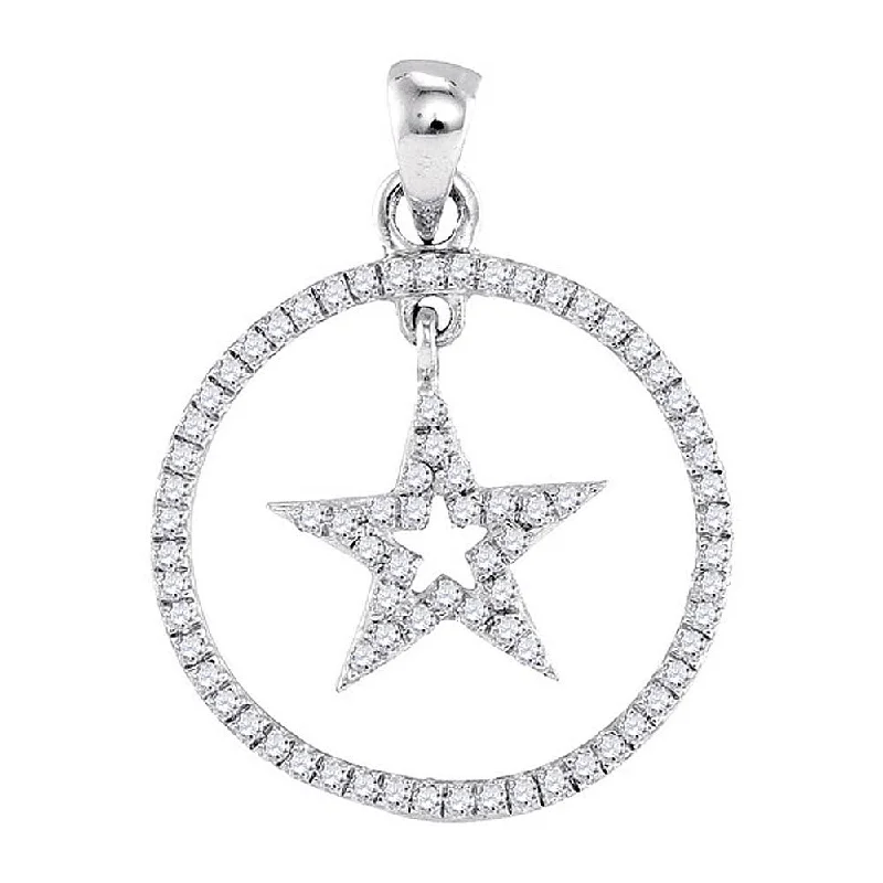 Shining spark necklace-10k White Gold Round Diamond Womens Dangling Star Circle Pendant 1/4 Cttw