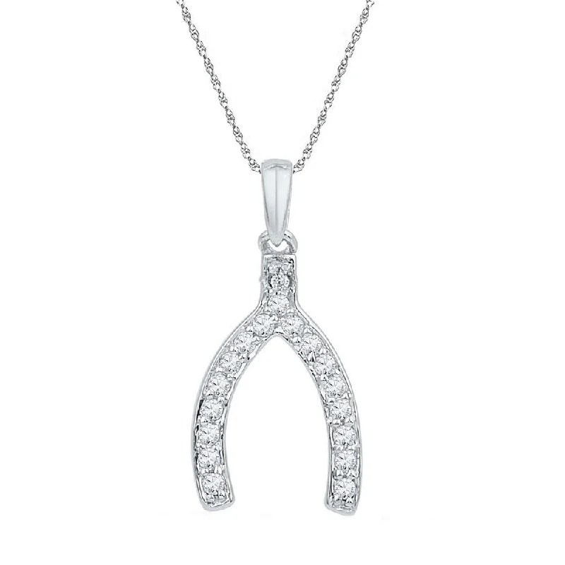 Copper relic necklace-10k White Gold Womens Round Diamond Lucky Wishbone Fortune Pendant 1/6 Cttw