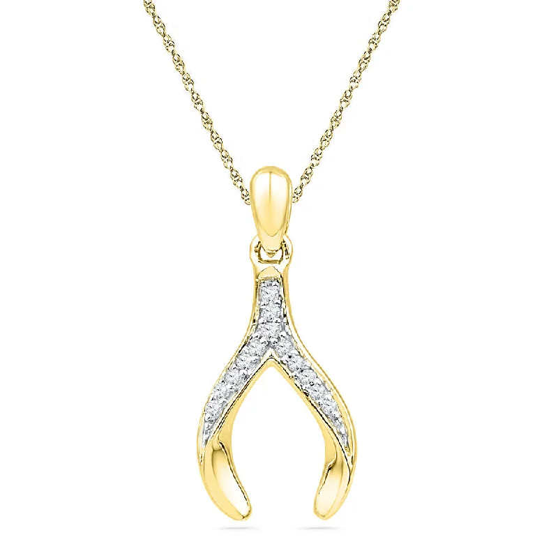 Frilled rim necklace-10k Yellow Gold Round Diamond Womens Wishbone Lucky Pendant 1/20 Cttw