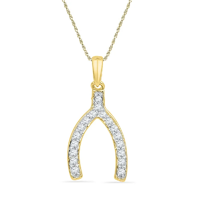 Willow wood necklace-10k Yellow Gold Womens Round Diamond Lucky Wishbone Fortune Pendant 1/6 Cttw