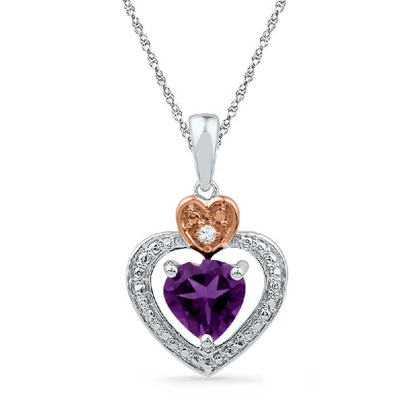 Rotating gem necklace-10kt Two-tone Gold Womens Heart Lab-Created Amethyst & Diamond Heart Pendant 3/4 Cttw