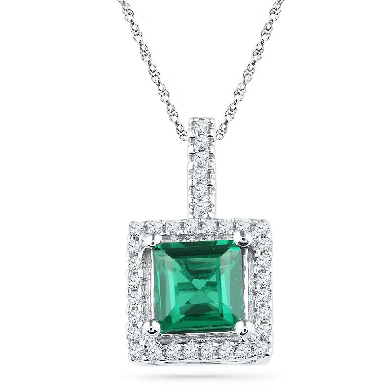 Apex pendant necklace-10kt White Gold Womens Cushion Lab-Created Emerald Solitaire & Diamond Pendant 1-3/8 Cttw