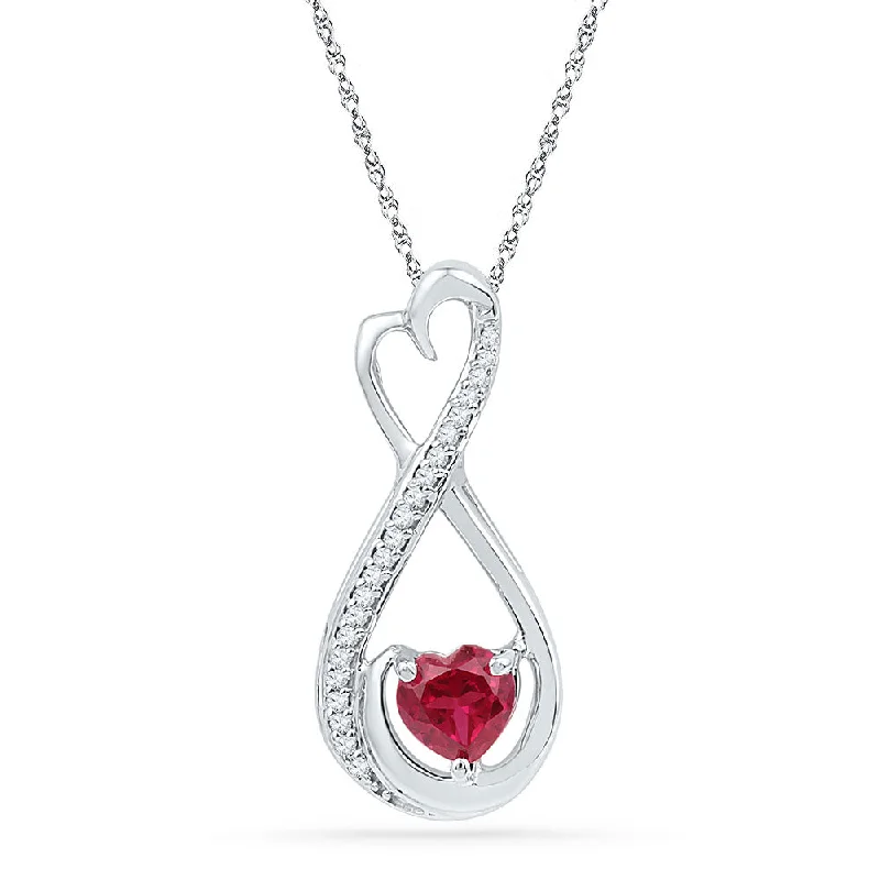 Stone relic necklace-10kt White Gold Womens Heart Lab-Created Ruby Solitaire Diamond Infinity Pendant 5/8 Cttw