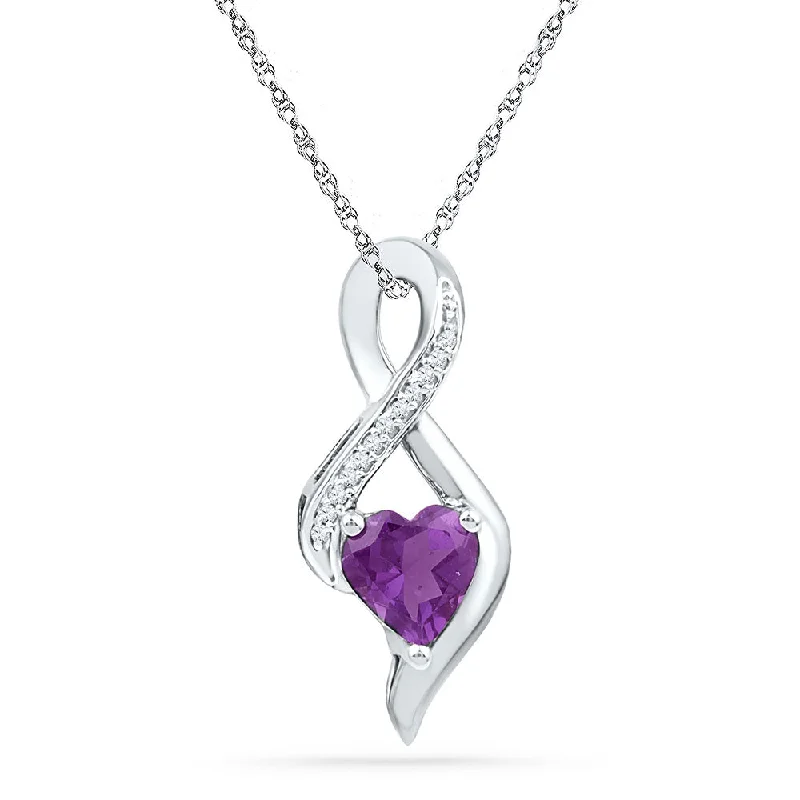 Wave-shaped zircon necklace-10kt White Gold Womens Lab-Created Amethyst Heart Solitaire Infinity Pendant 1/20 Cttw