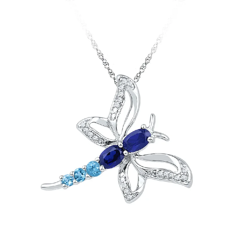 Leaf stem necklace-10kt White Gold Womens Oval Lab-Created Blue Sapphire Butterfly Bug Pendant 7/8 Cttw