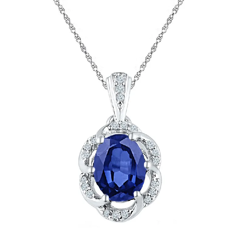 Saffron amber necklace-10kt White Gold Womens Oval Lab-Created Blue Sapphire Solitaire Diamond Pendant 1-3/4 Cttw