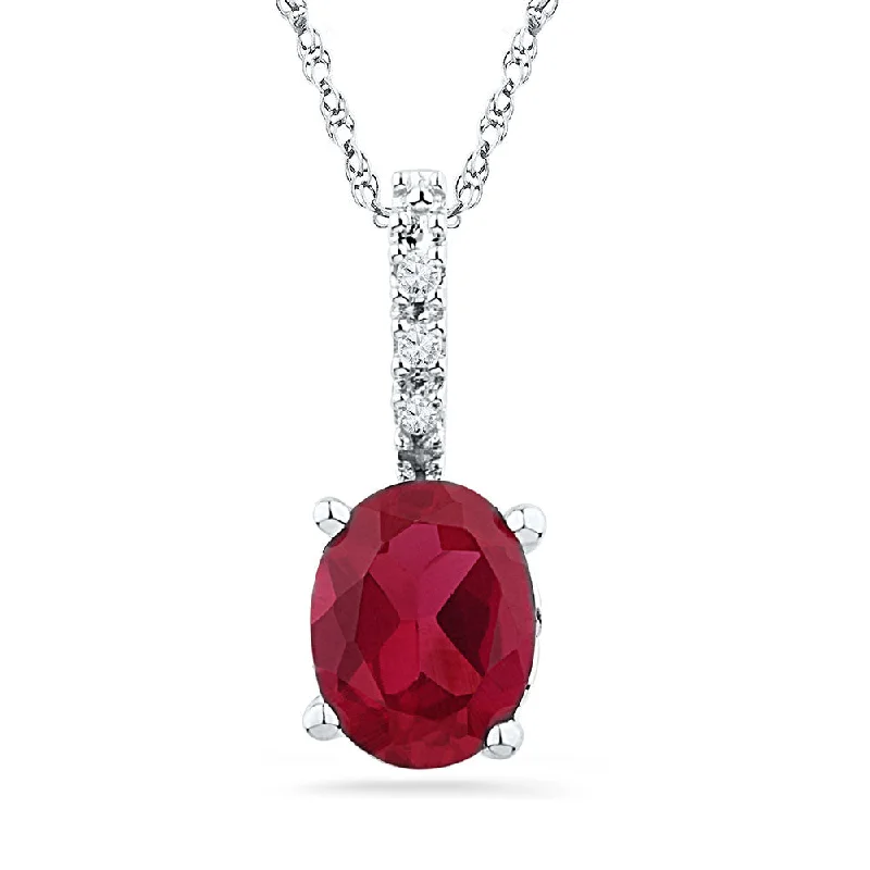 Imperial jasper necklace-10kt White Gold Womens Oval Lab-Created Ruby Solitaire Diamond Pendant 1 Cttw