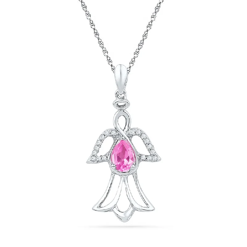 Floral weave necklace-10kt White Gold Womens Pear Lab-Created Pink Sapphire Angel Pendant 5/8 Cttw