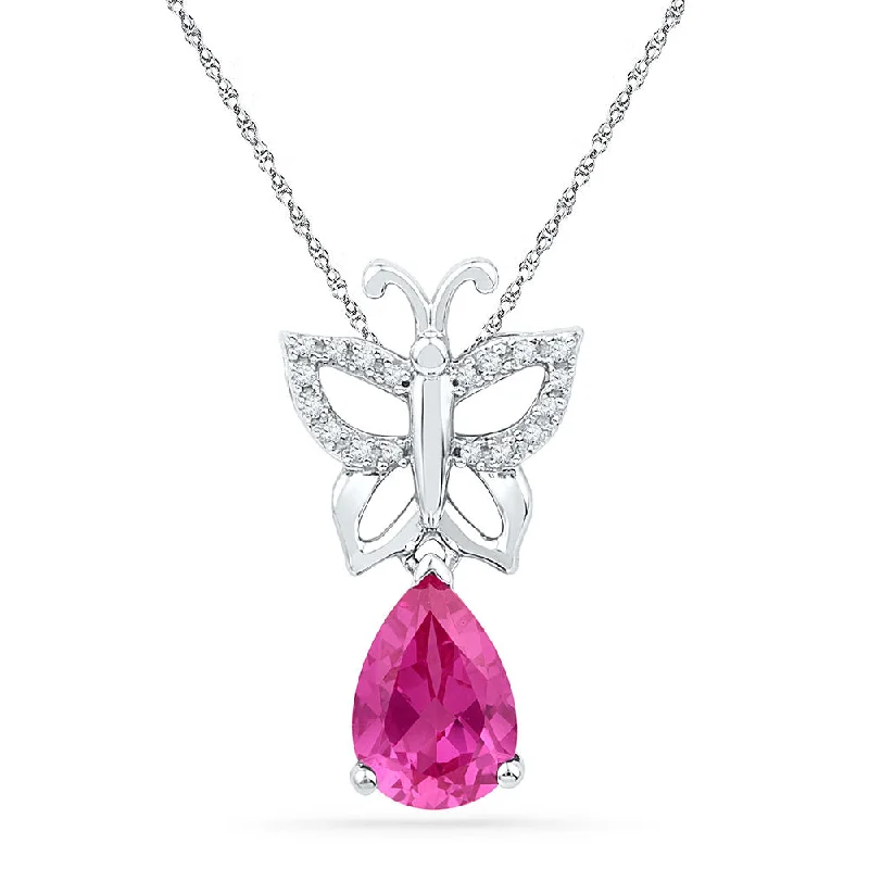 Polished gem necklace-10kt White Gold Womens Pear Lab-Created Pink Sapphire Butterfly Bug Pendant 2-3/4 Cttw