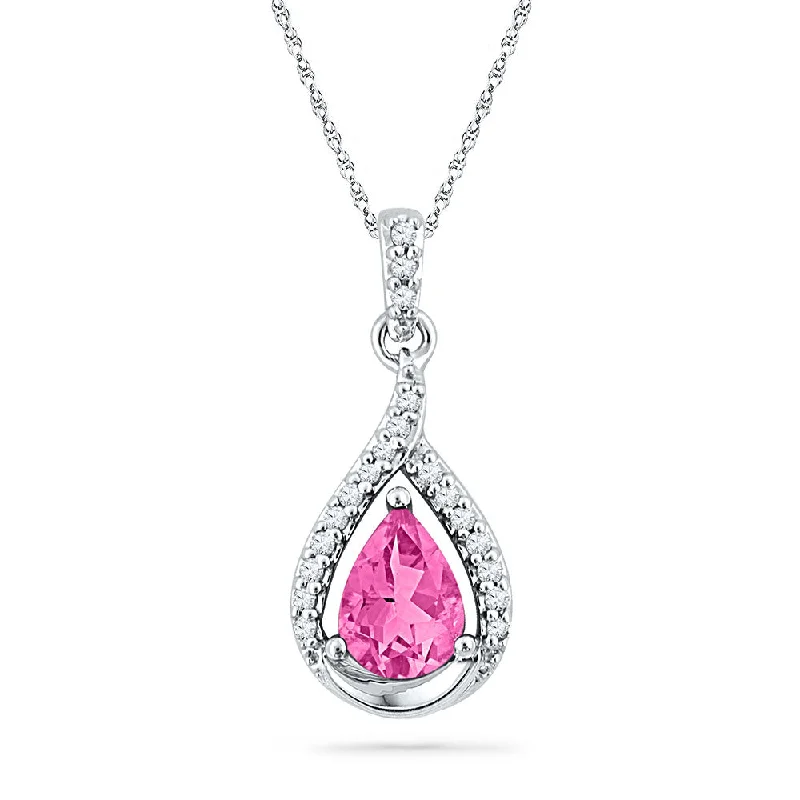 Etched groove necklace-10kt White Gold Womens Pear Lab-Created Pink Sapphire Solitaire Diamond Pendant 1-5/8 Cttw