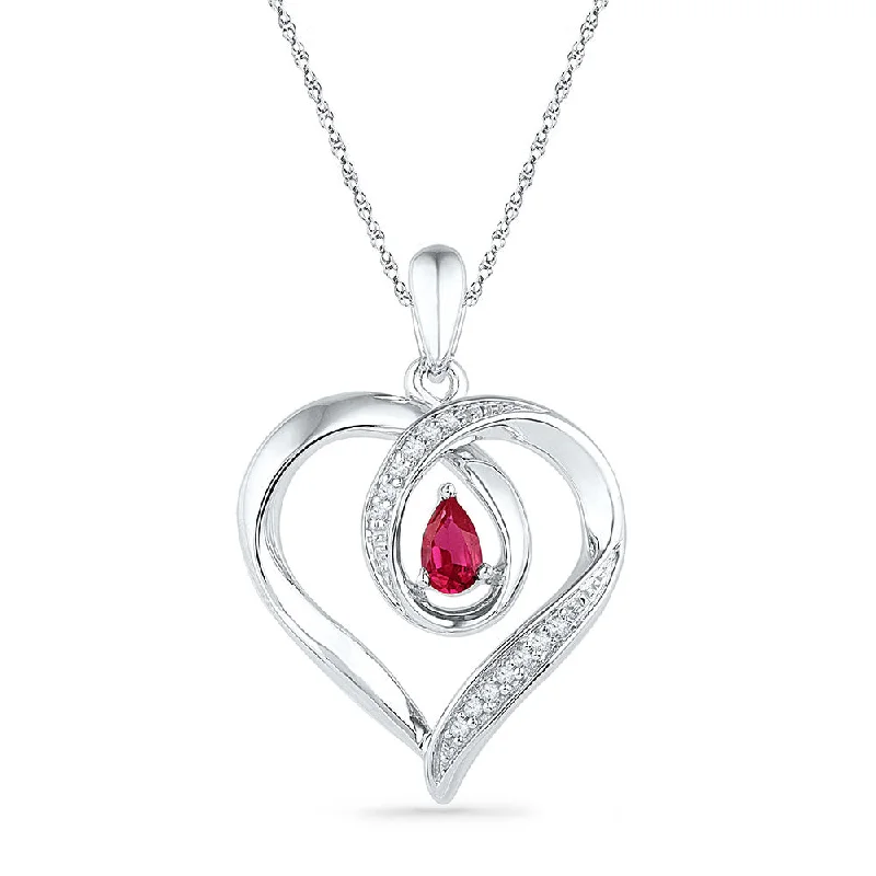 Brushed chain necklace-10kt White Gold Womens Pear Lab-Created Ruby Diamond Heart Pendant 1/20 Cttw