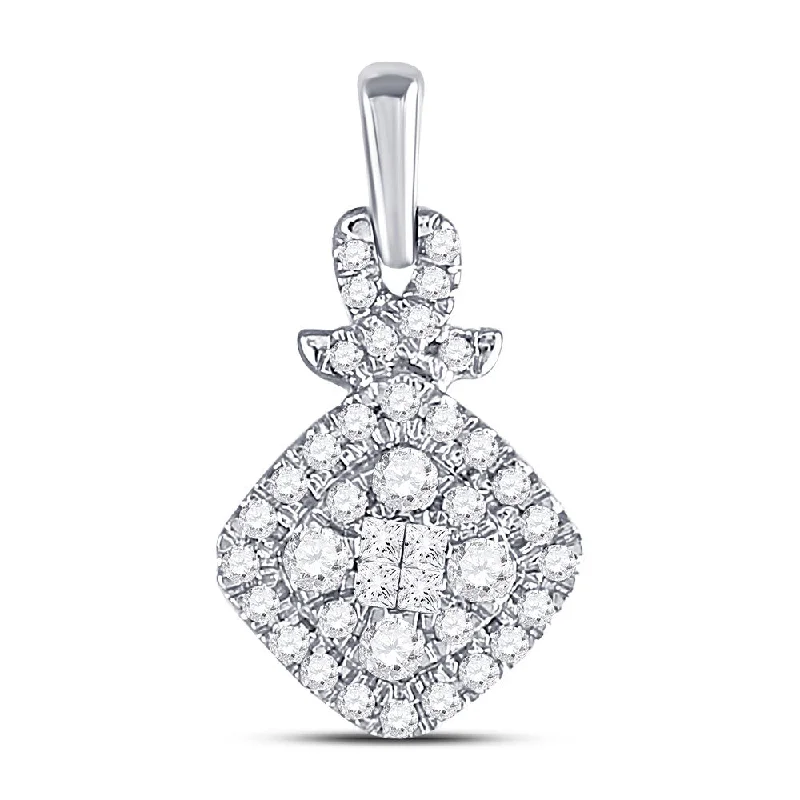 Cracked rind necklace-10kt White Gold Womens Princess Round Diamond Cluster Pendant 3/8 Cttw