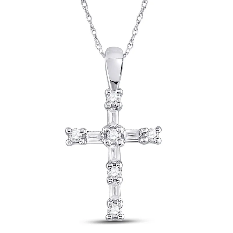 Reed wrap necklace-10kt White Gold Womens Round Baguette Diamond Cross Pendant 1/4 Cttw