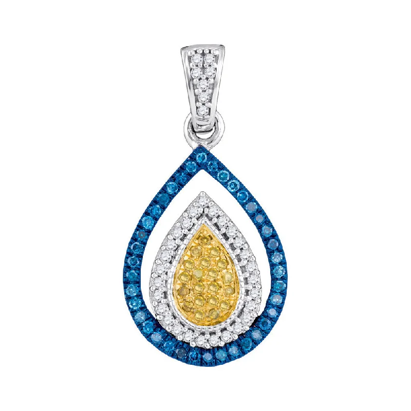 Smooth stone necklace-10kt White Gold Womens Round Blue Color Enhanced Diamond Teardrop Pendant 1/4 Cttw