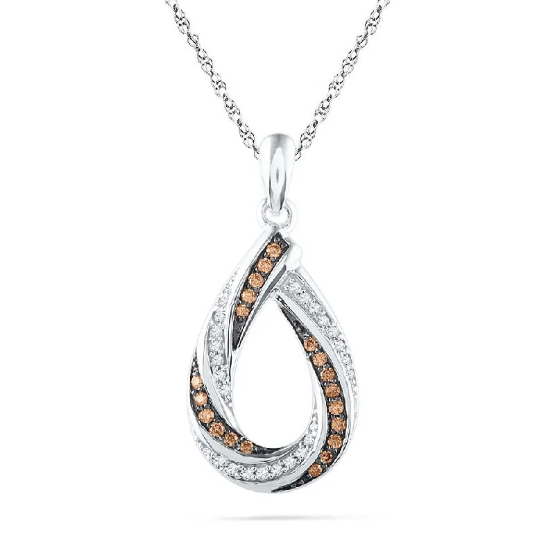 Toasted wood necklace-10kt White Gold Womens Round Brown Diamond Teardrop Stripe Pendant 1/4 Cttw